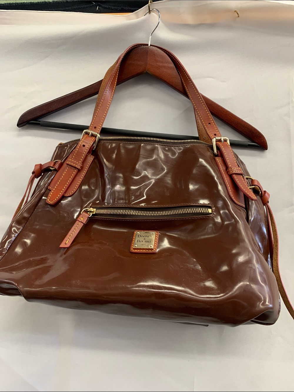 Dooney & Bourke Brown Glossy Leather Shoulder Bag with Tan Straps